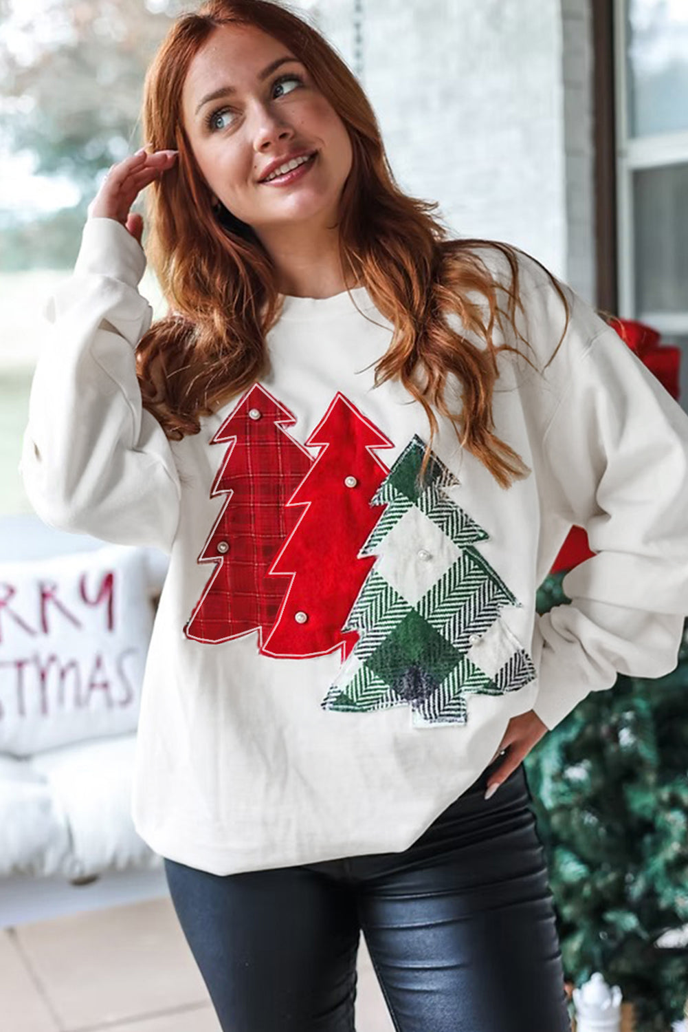 Christmas Tree Sweatshirt with Pearl Accents