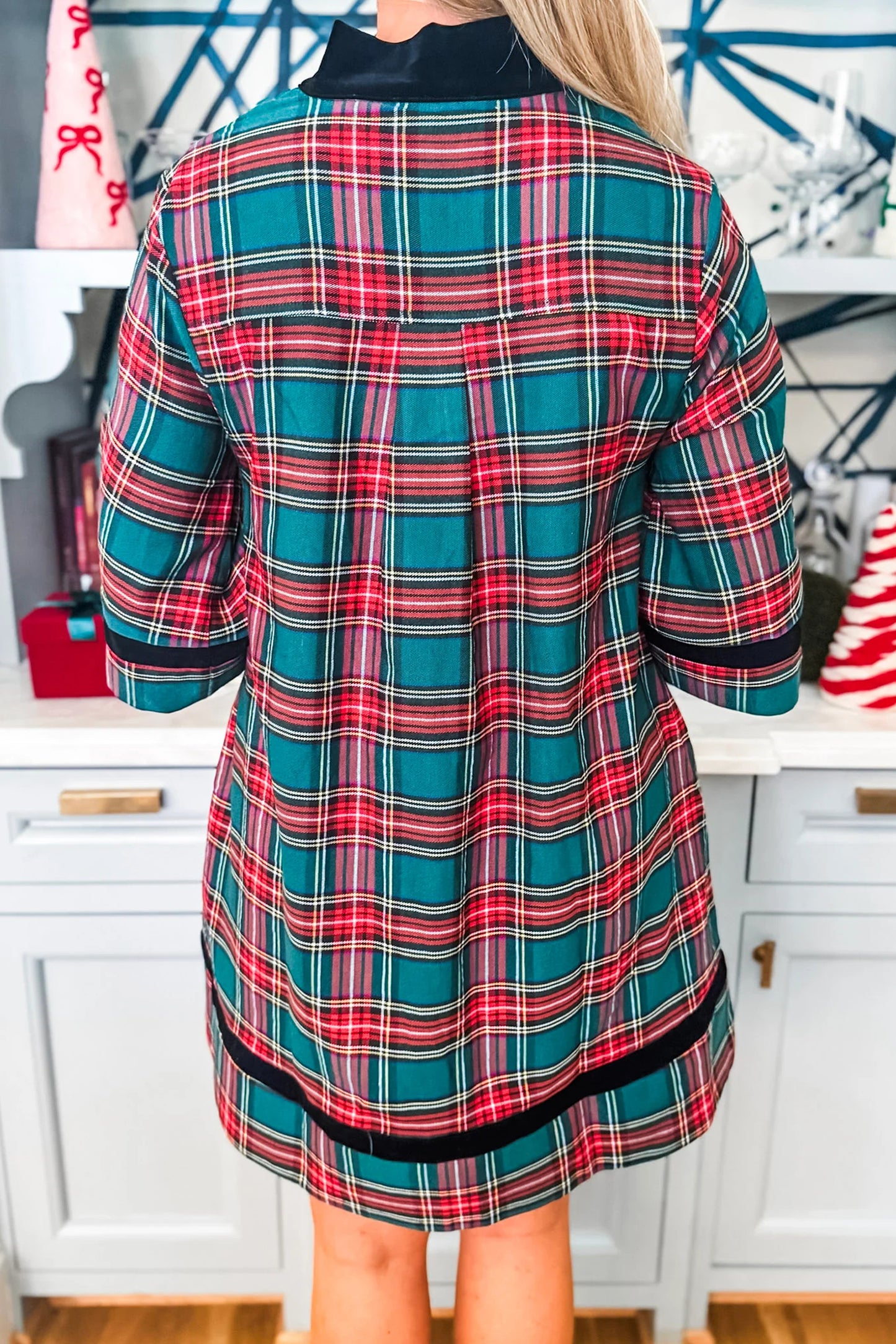 Festive Green Plaid Velvet Trim Dress