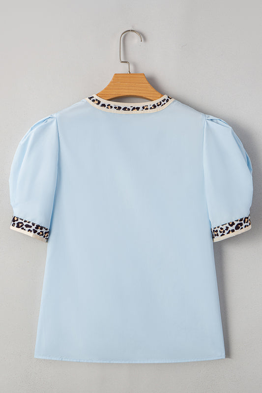 Blue Sequin Baseball Blouse with Leopard Trim