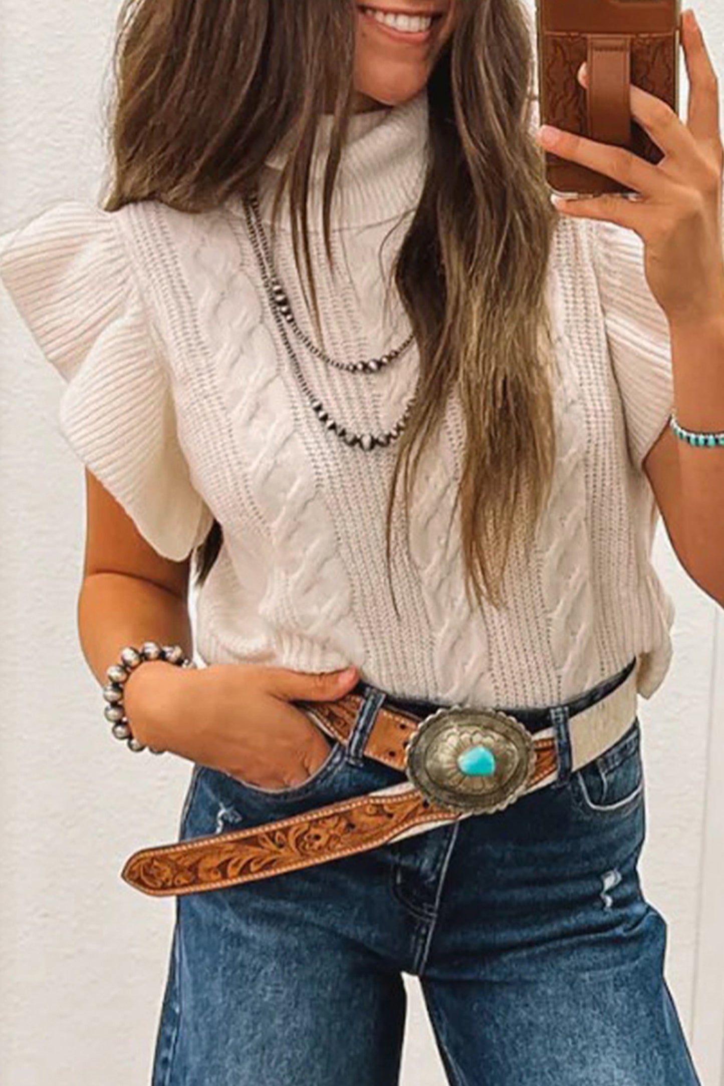 Cable Knit Ruffled Short Sleeve Sweater