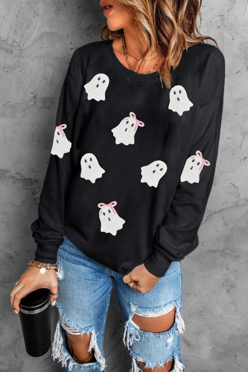 Black Sequin Cute Ghost Halloween Sweatshirt