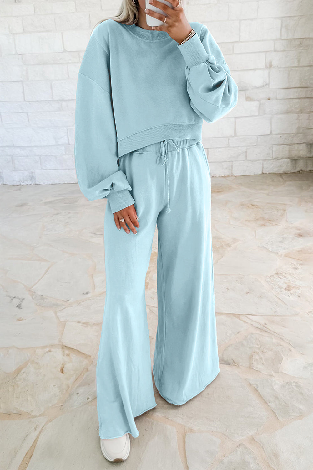 Crop Pullover Drawstring Wide Leg Pants Set