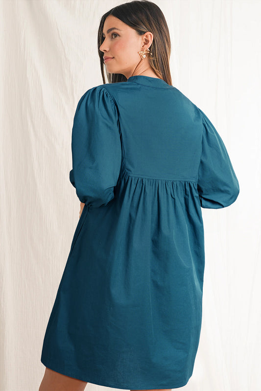 Blue Sapphire V Neck Pleated Dress
