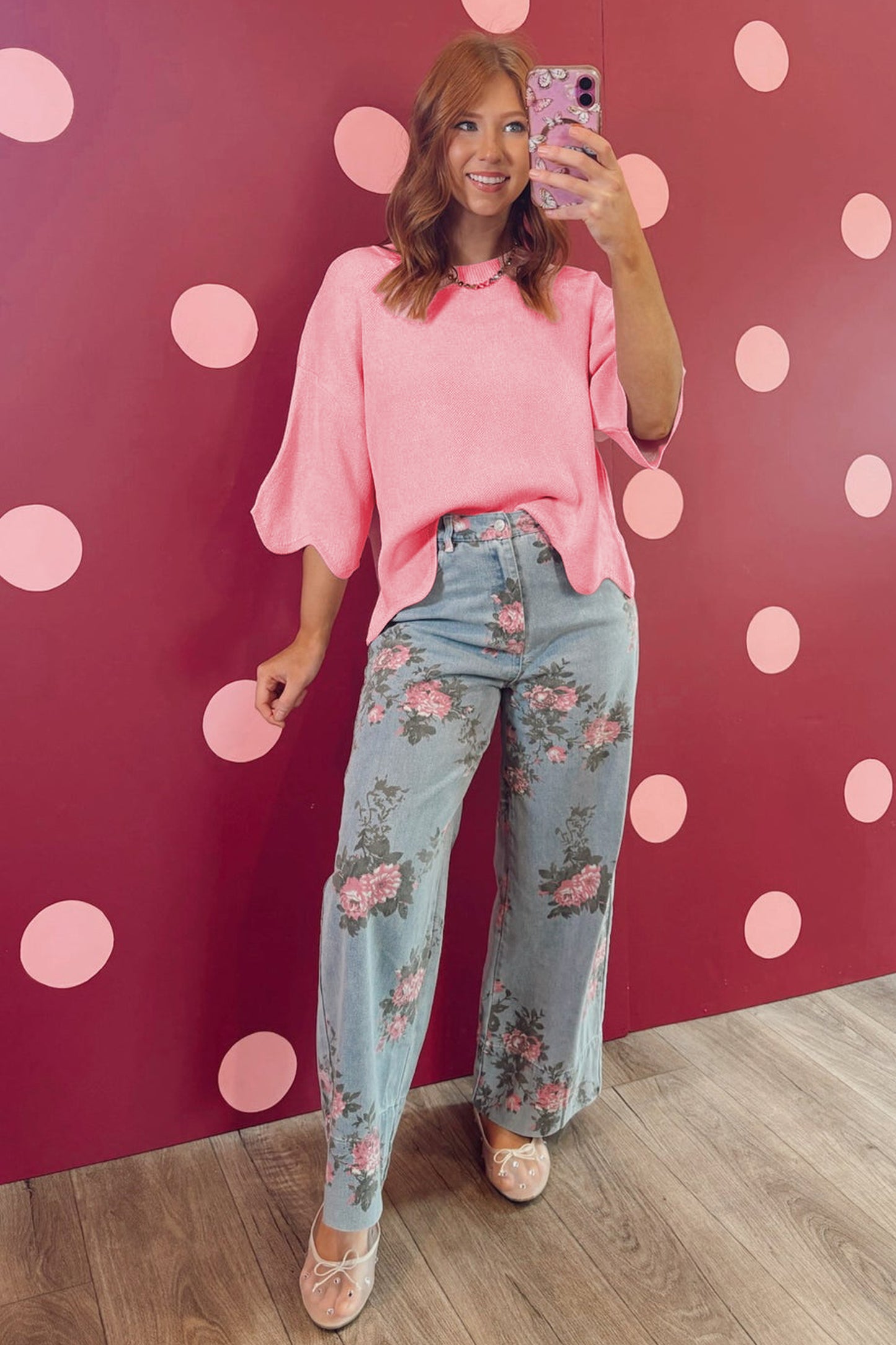 Scalloped 3/4 Sleeve Sweater Top