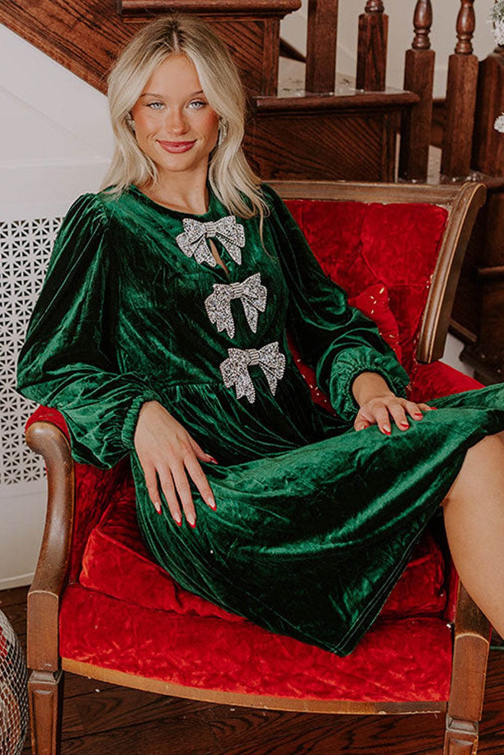 Evergreen Sequin Bow Velvet Dress