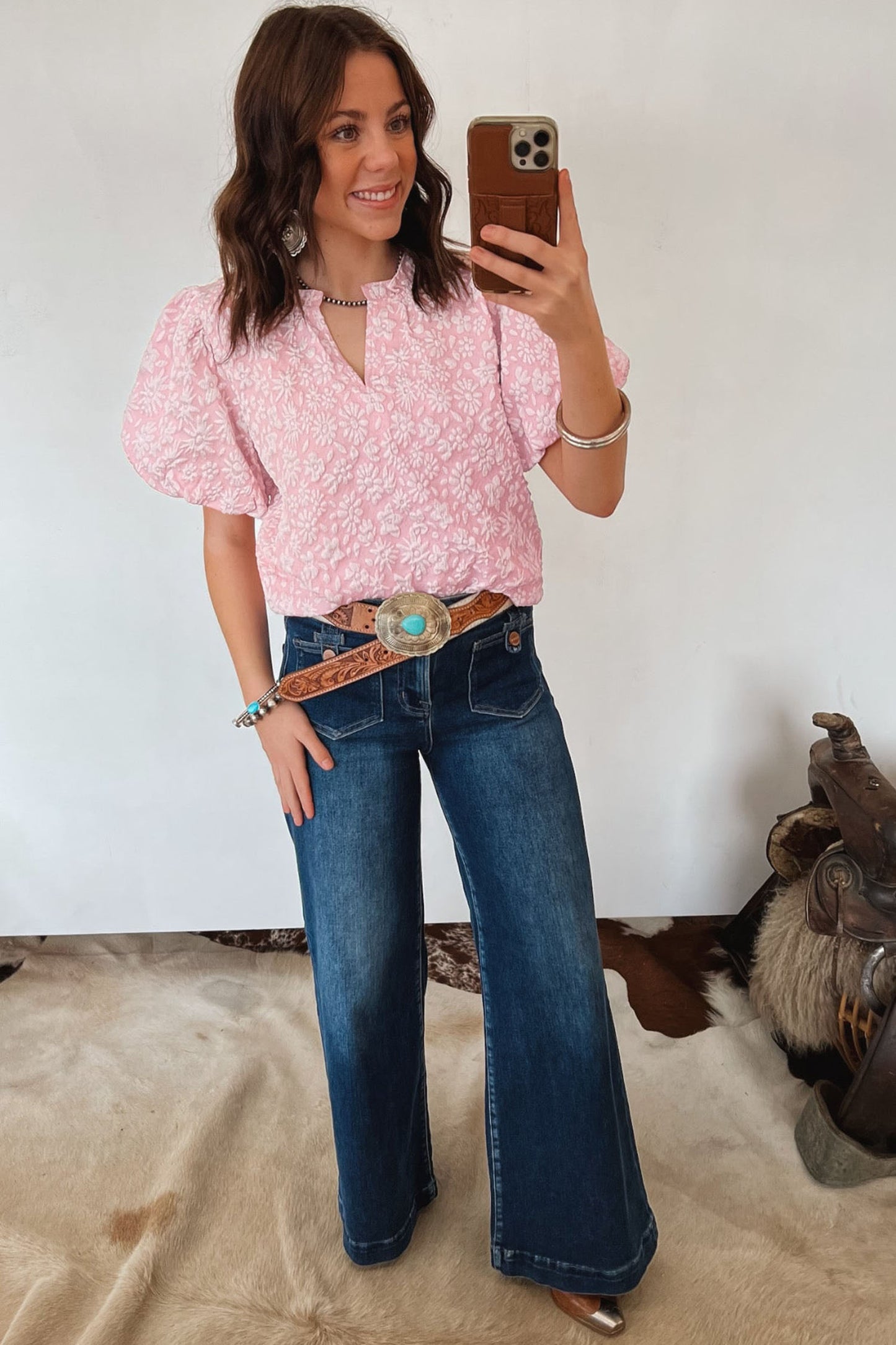 Textured Jacquard Puff Sleeve Blouse