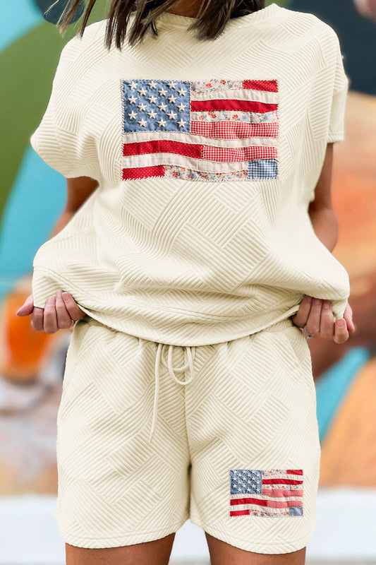 Textured Patchwork Flag Printed Shorts Set