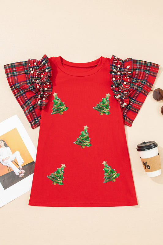 Sequin Christmas Tree Ruffled Sleeve T Shirt with Pearled Detail