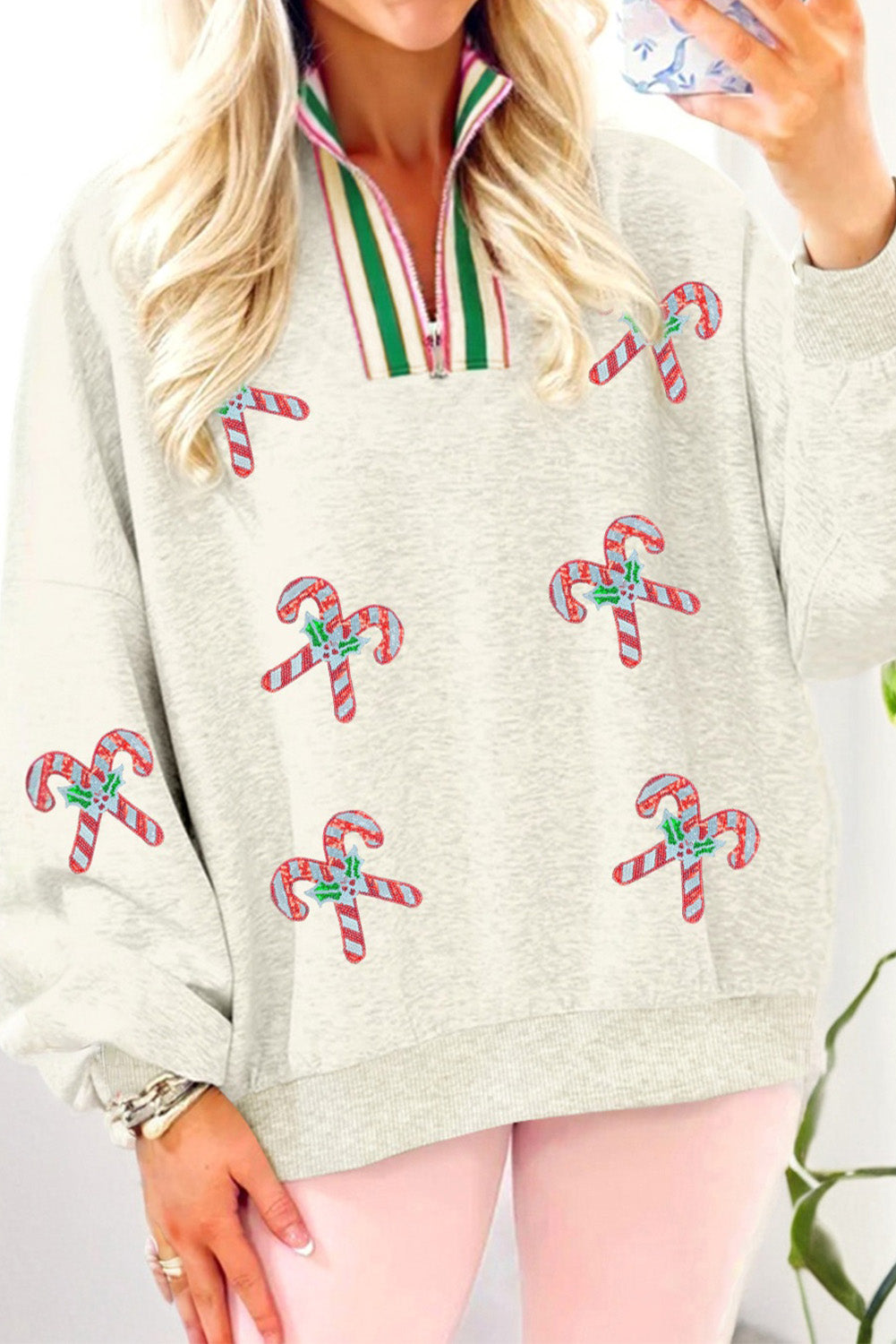 Sequin Candy Canes Christmas Quarter Zip Sweatshirt