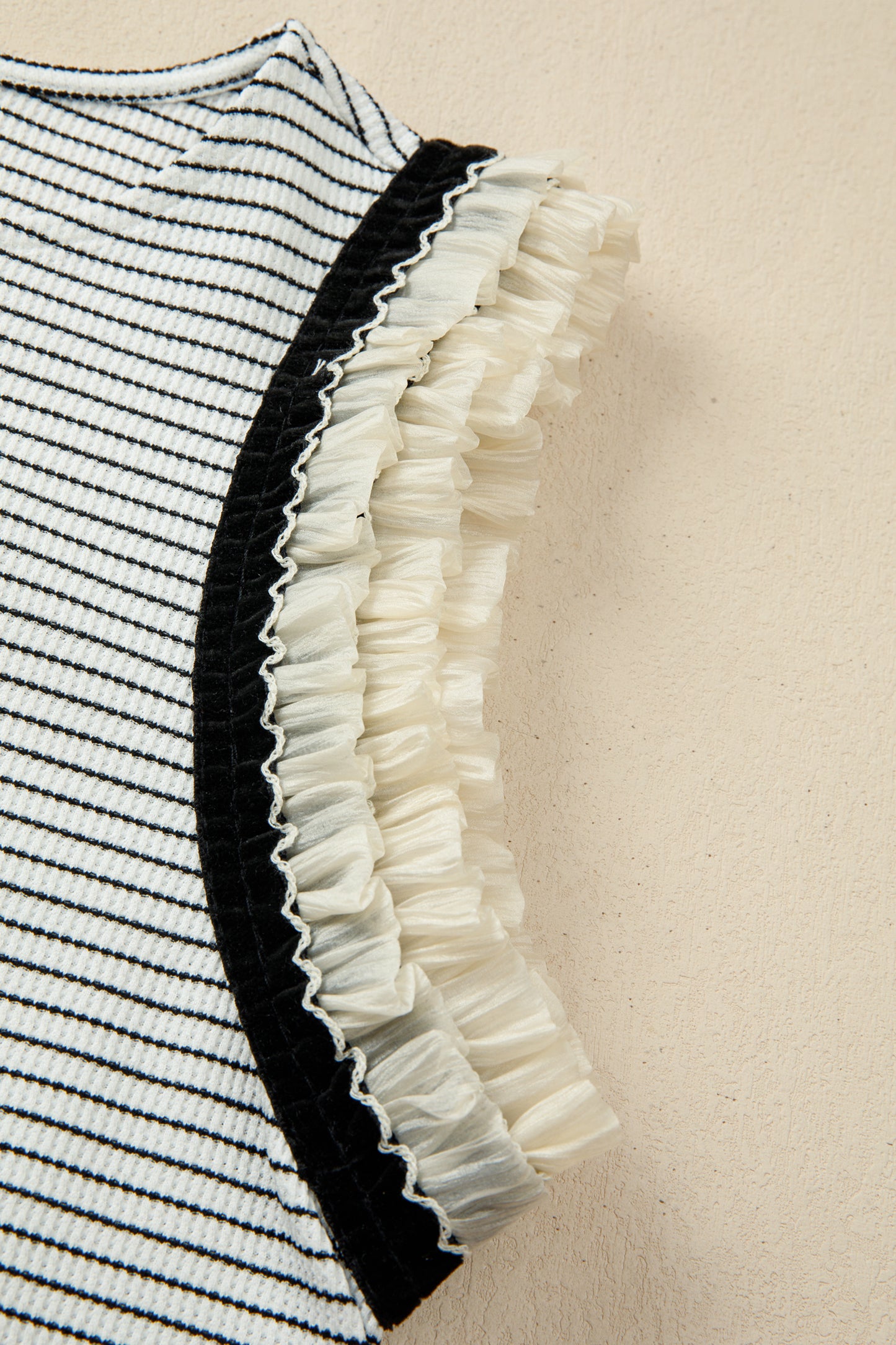 Black Stripe Ruffle Trim Top