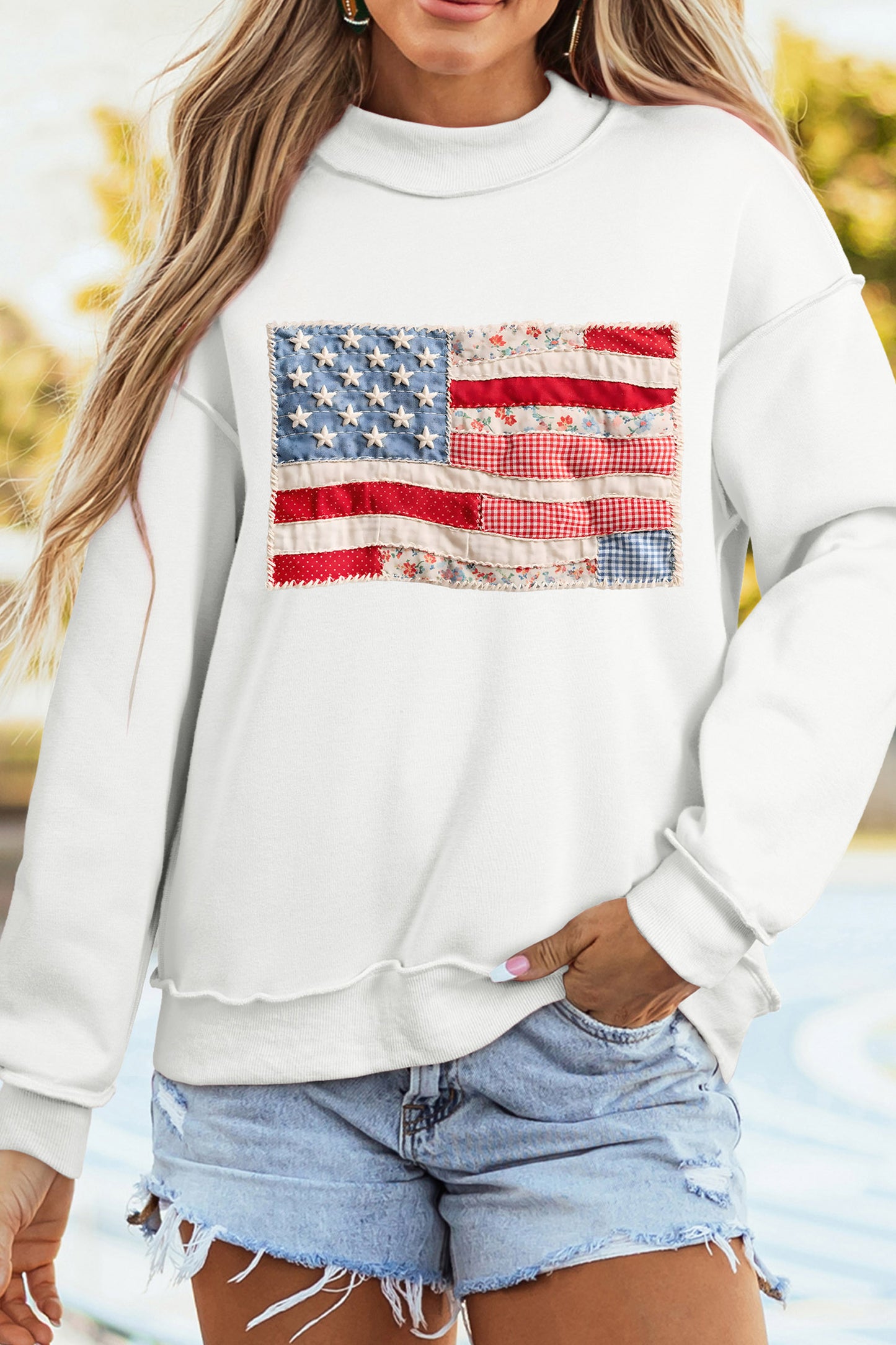 Reversible Patchwork Print USA Flag Sweatshirt