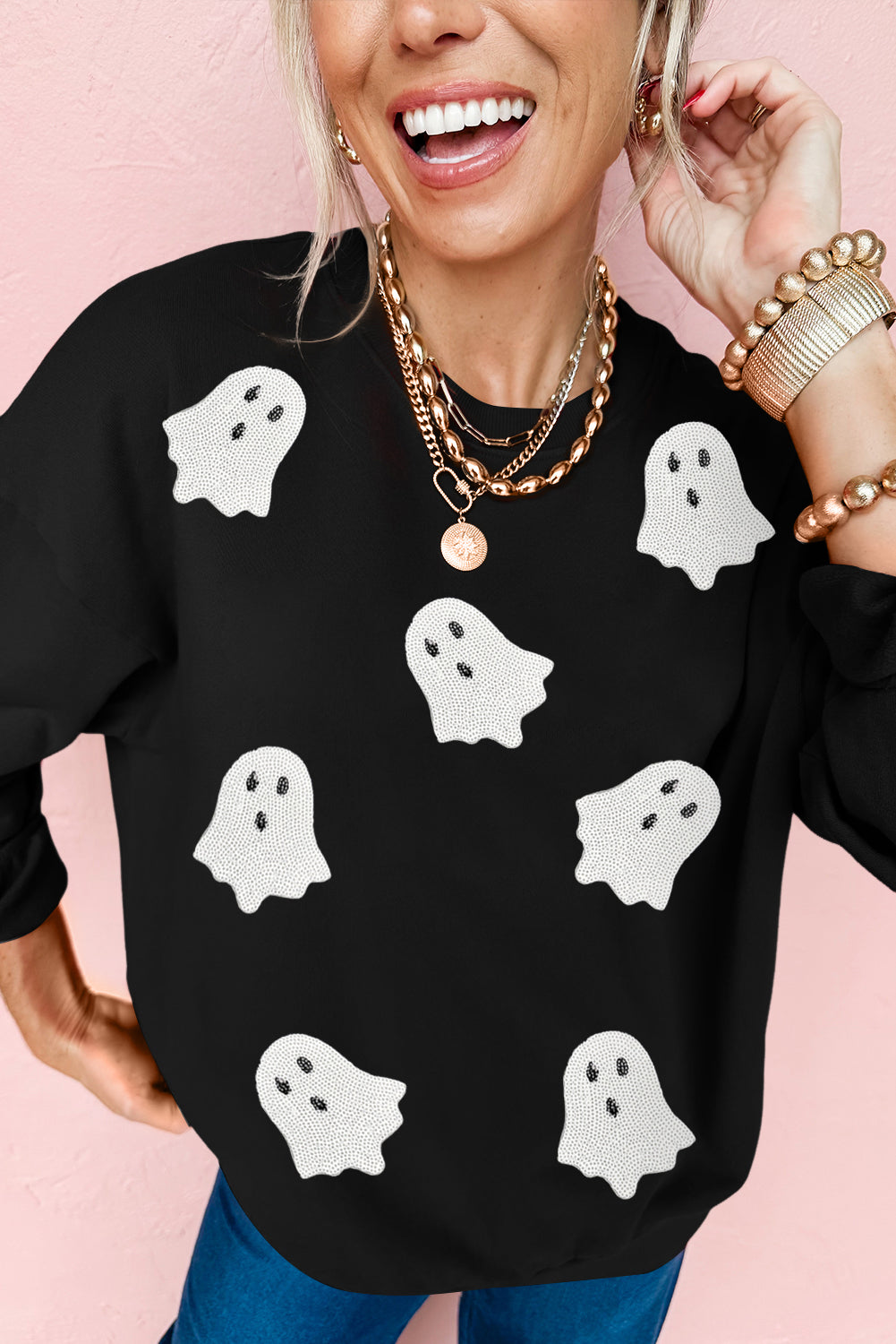 Black Sequin Ghost Halloween Sweatshirt
