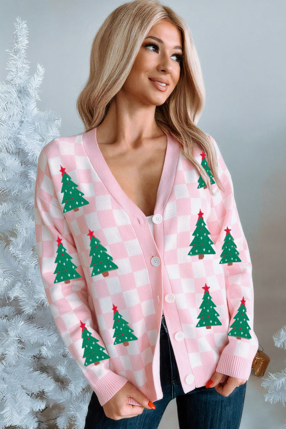 Pink Checkered Christmas Tree Cardigan