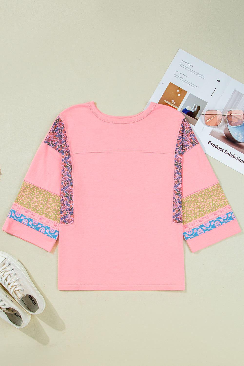 Pink Floral Patchwork Sleeve Top