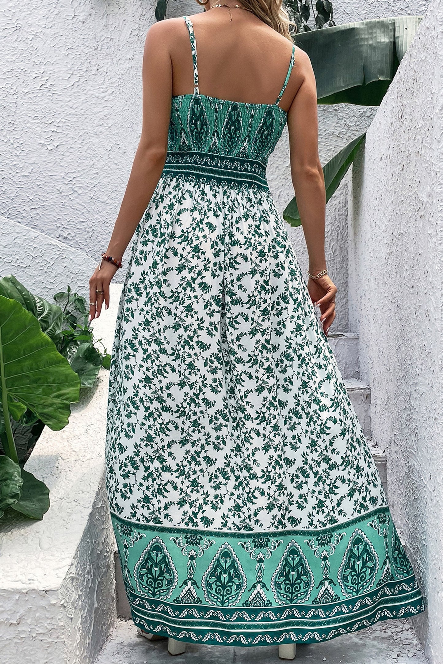 Green Boho Floral Maxi  Dress