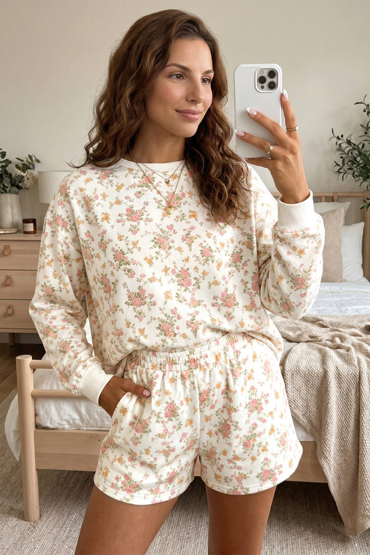 Beige Floral Print Shorts Set
