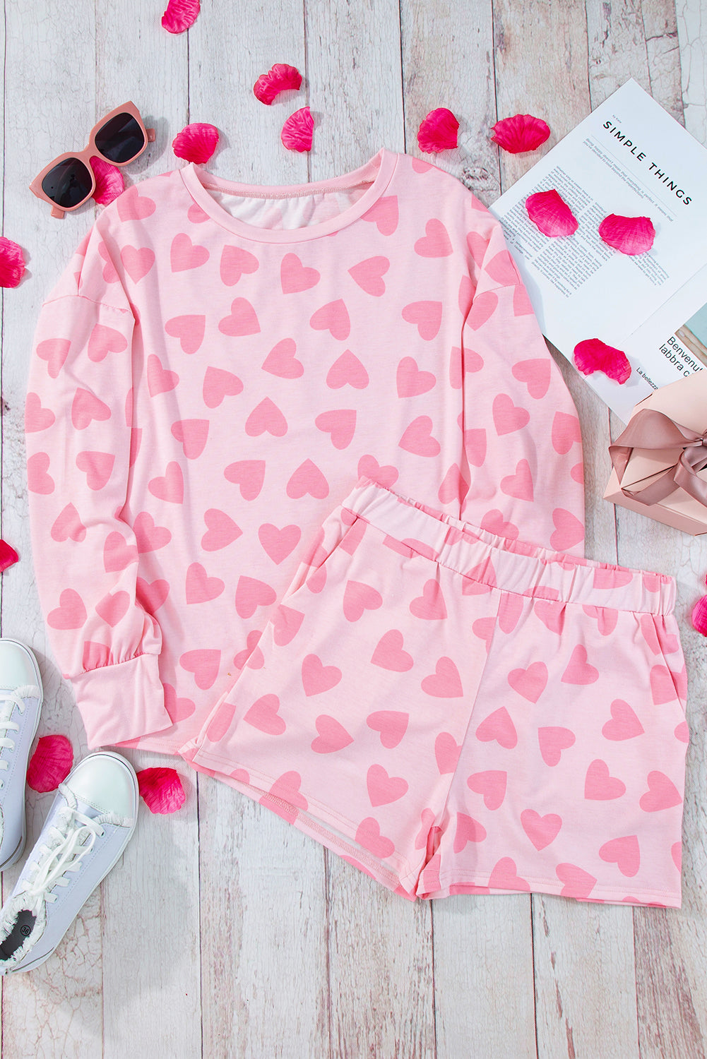 Heart Print Long Shorts Loungewear Set