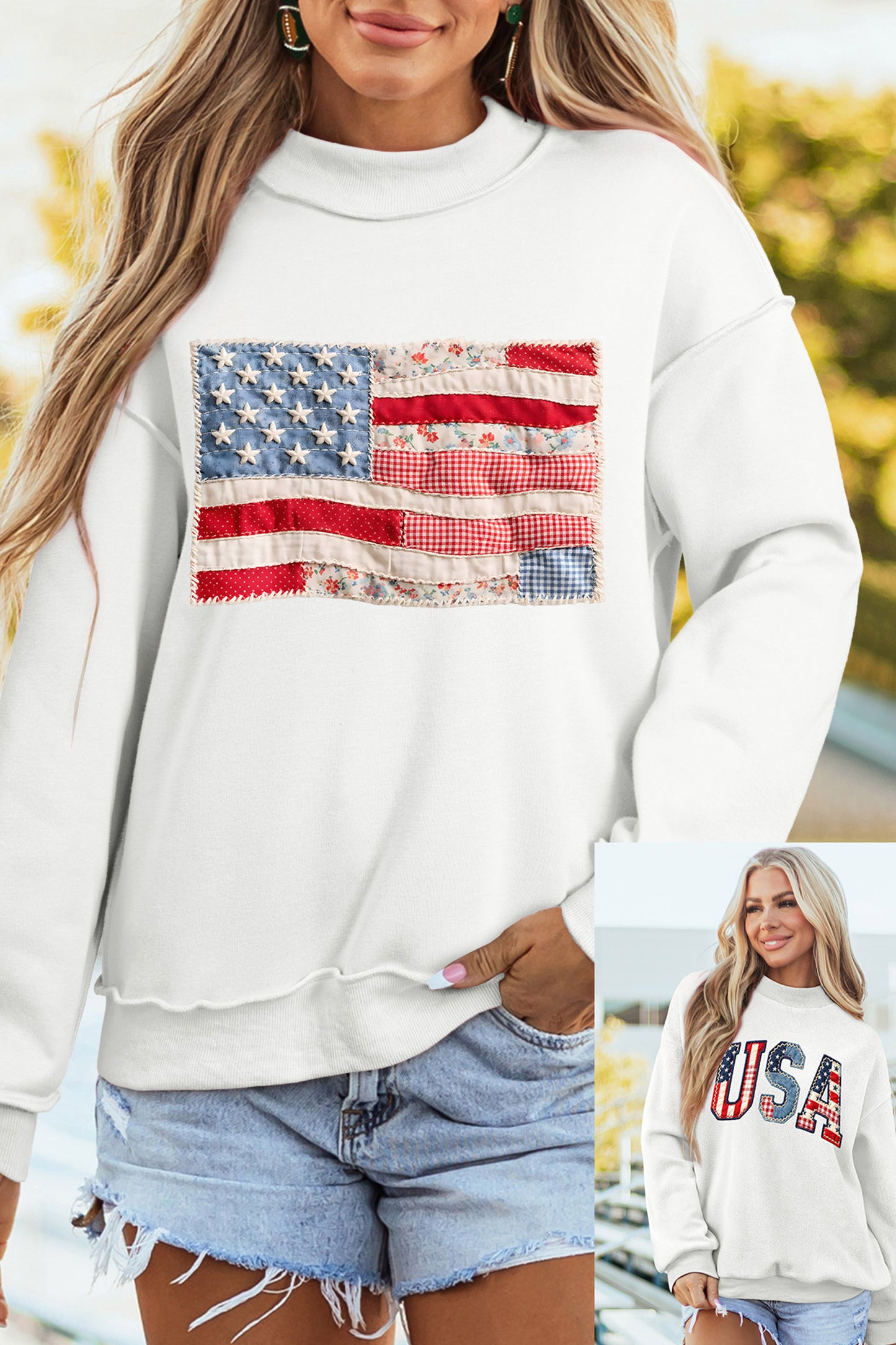Reversible Patchwork Print USA Flag Sweatshirt