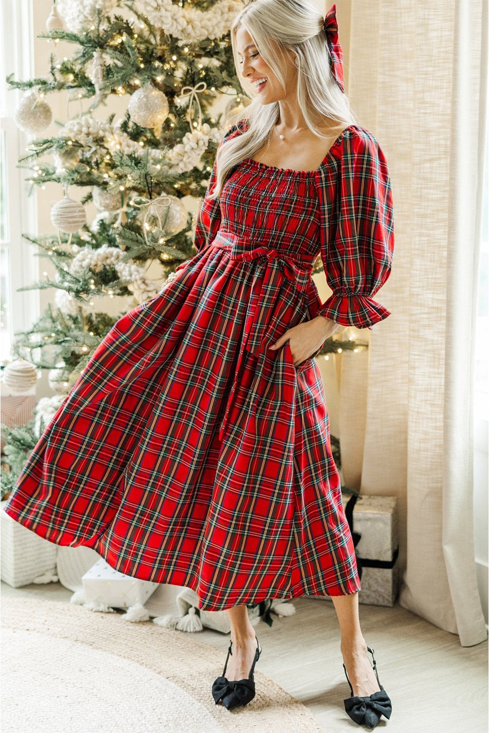Christmas Plaid Flared Midi Dress