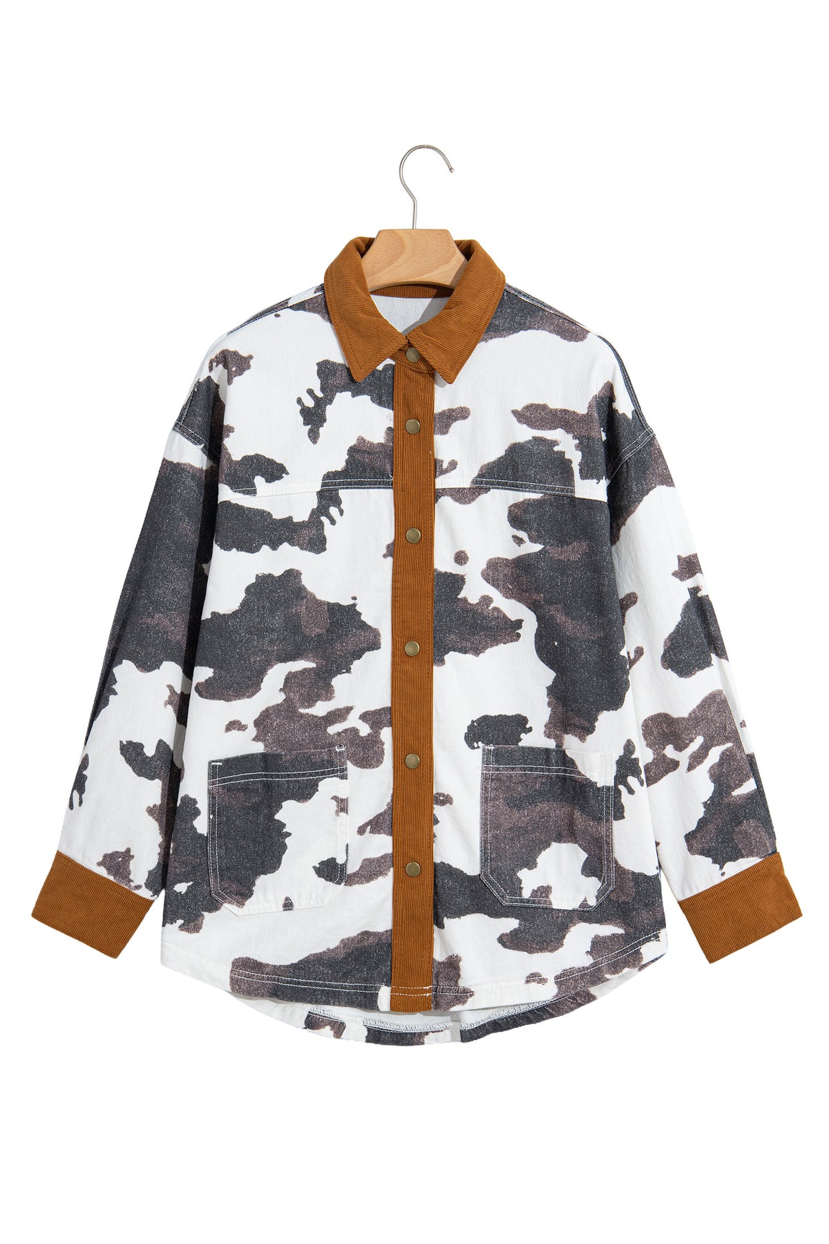 Cow Print Button-Up Denim Jacket