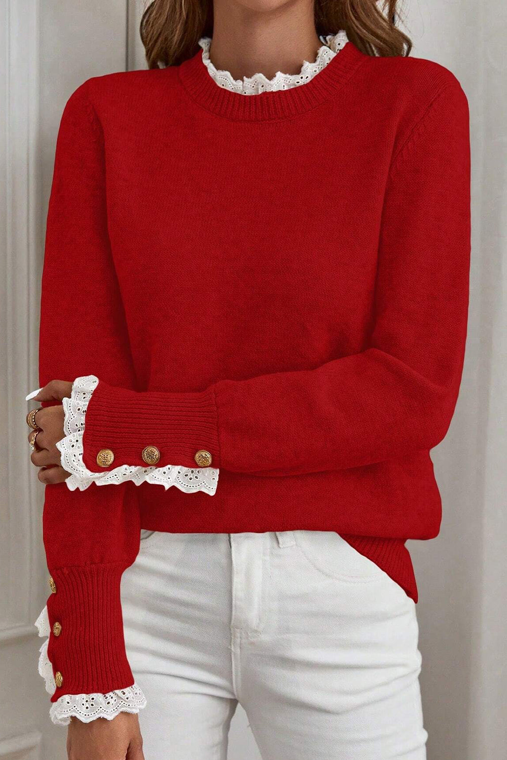 Red Lace Trim Sweater