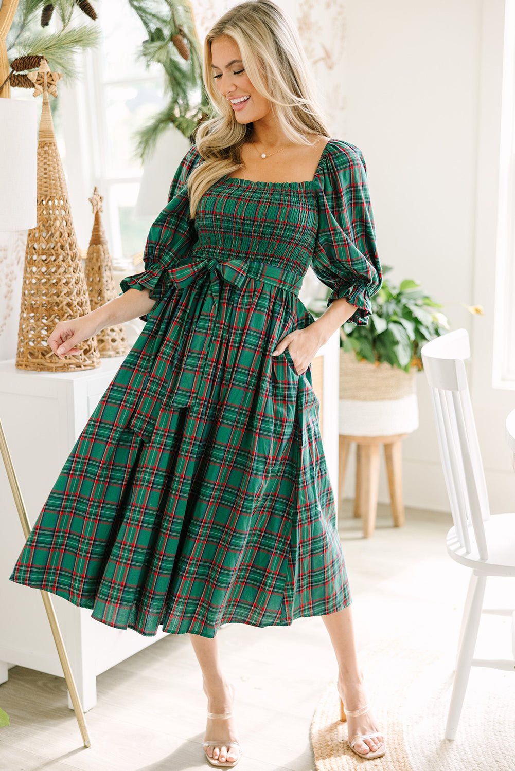 Christmas Plaid Flared Midi Dress