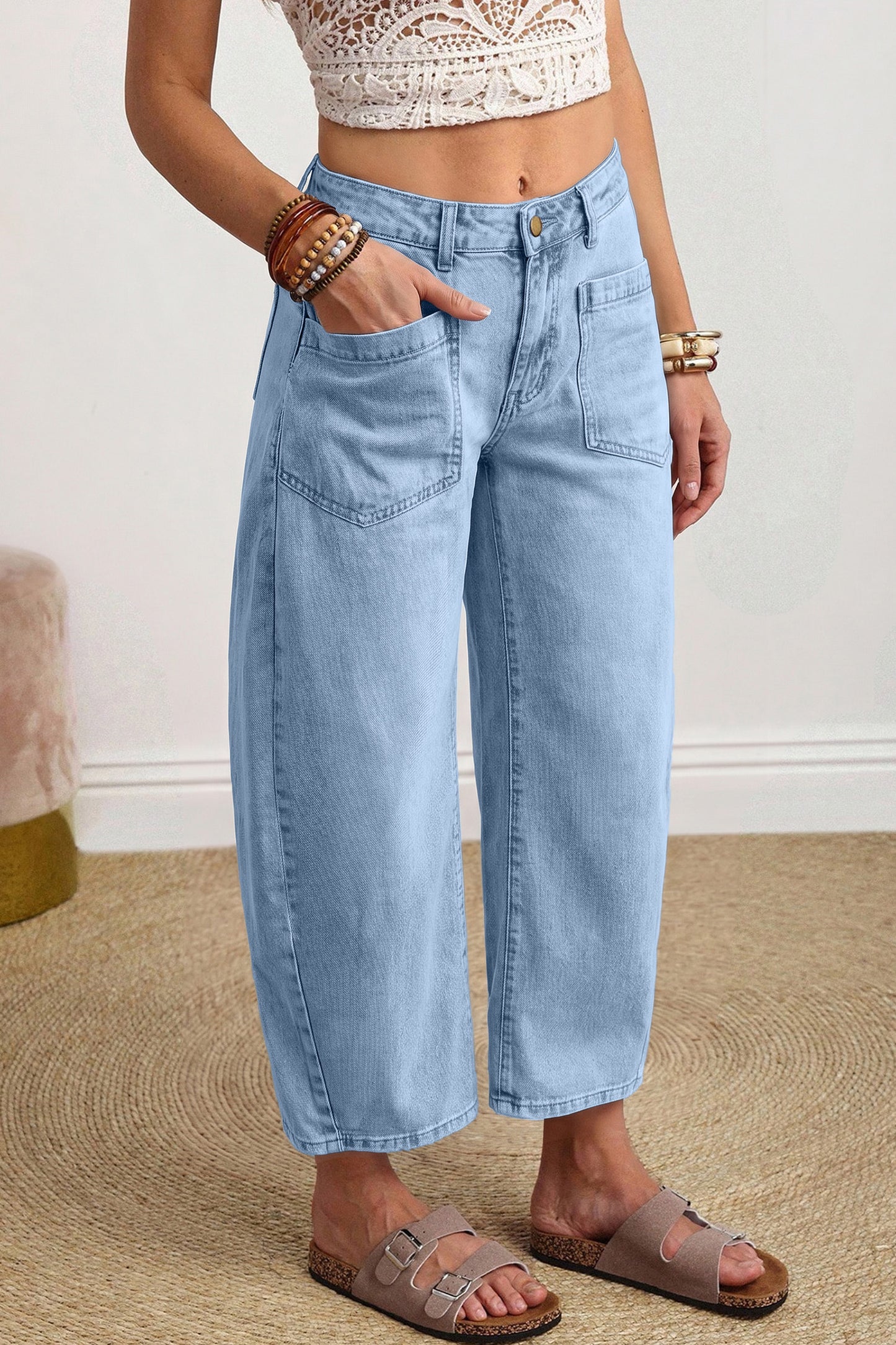 Patch Pocket Ankle-length Barrel Jeans