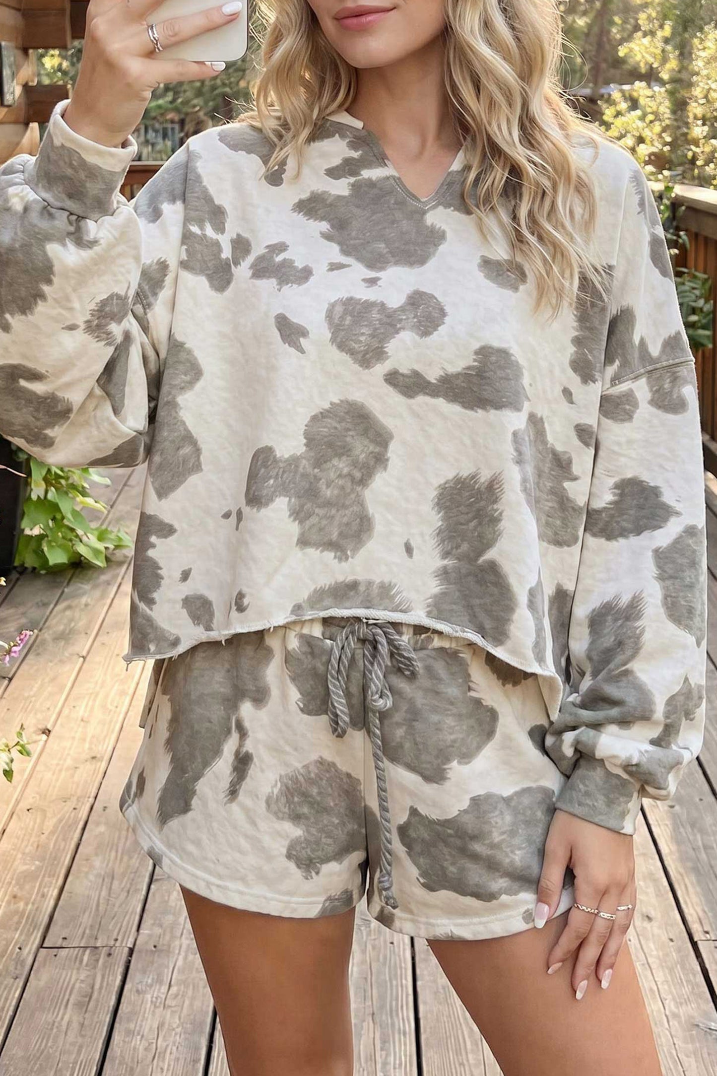Grey Cow Print Western Two-Piece Set