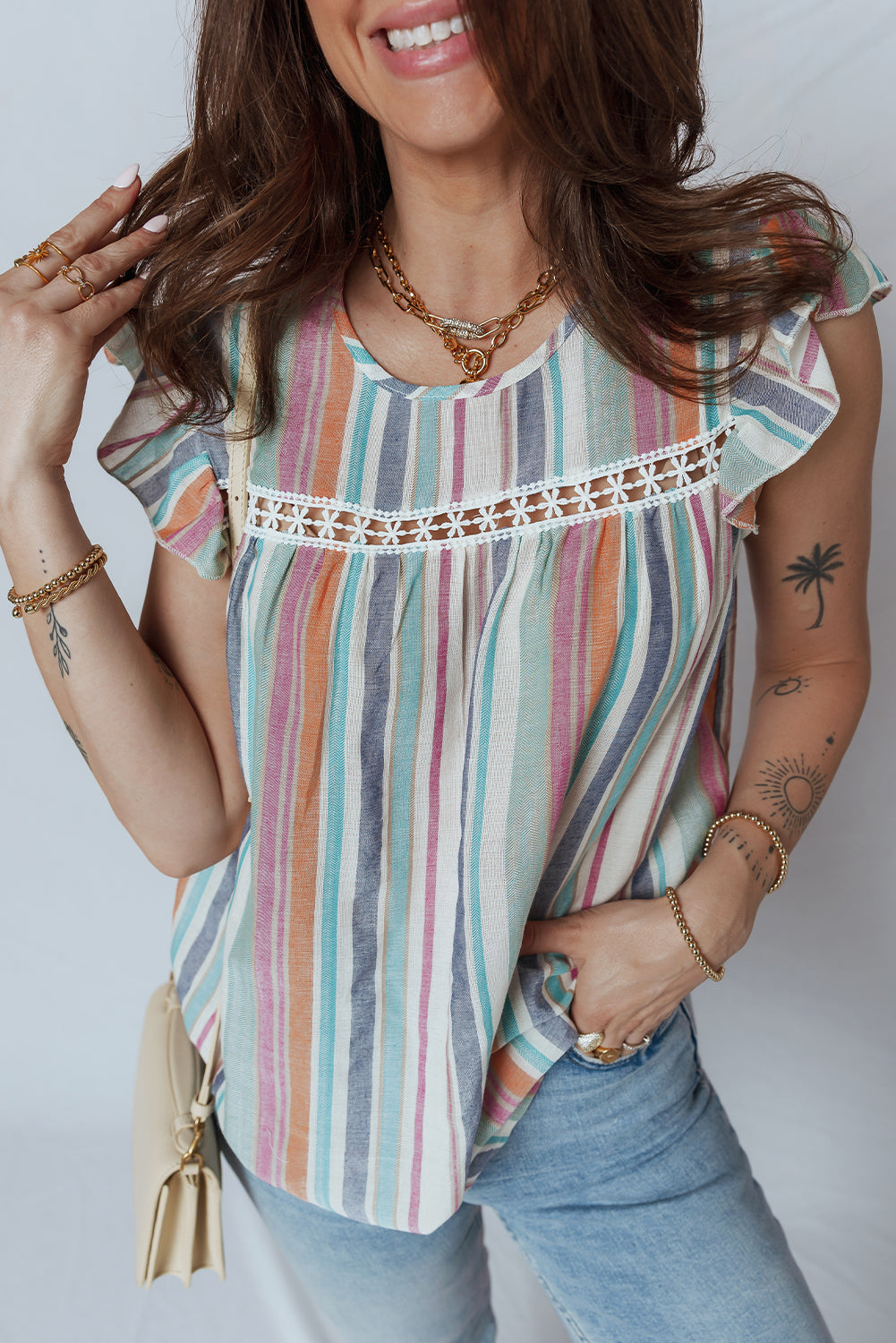 Striped Lace Trim Boho Top