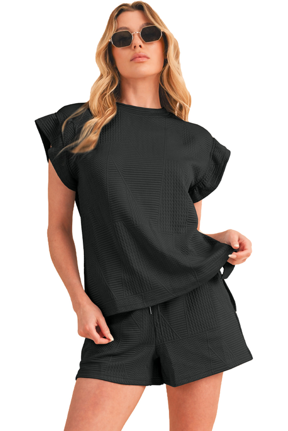 Textured Ruffle Top Shorts Set