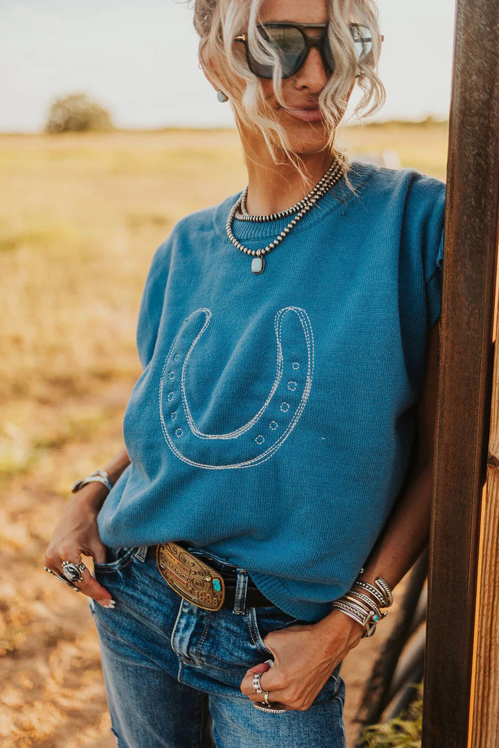 Horseshoe Embroidered Short Sleeve Sweater