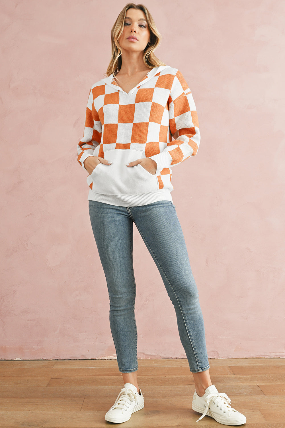 Orange Checkered Split Neck Pocket Hooded Sweater