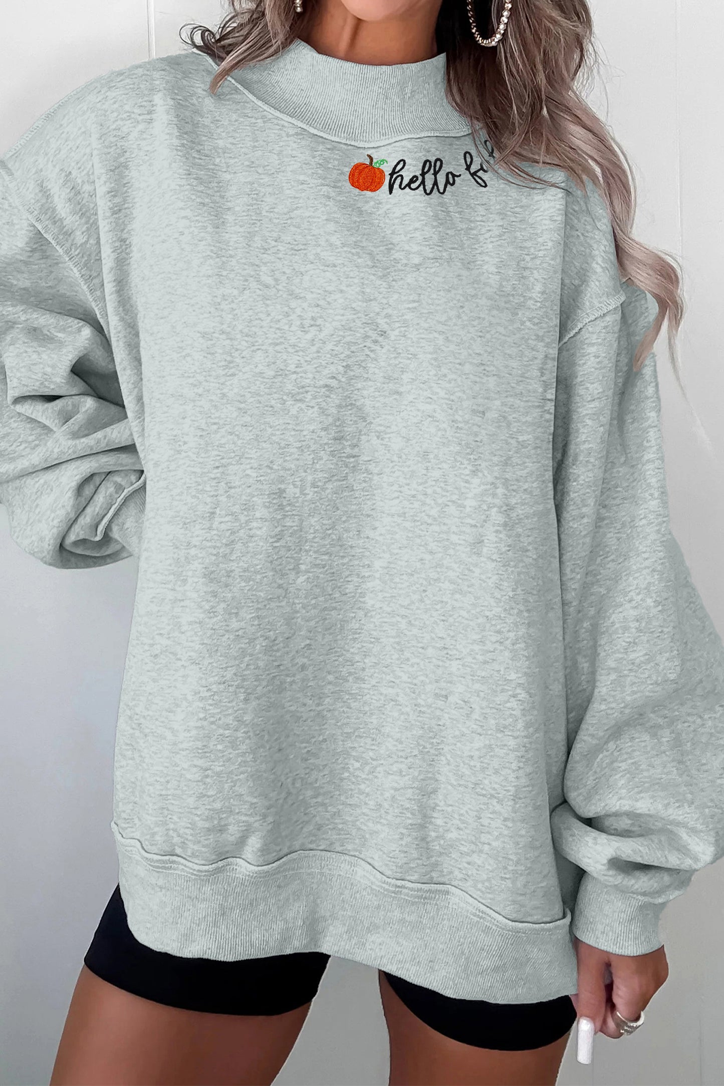 Gray hello fall Embroidered Sweatshirt