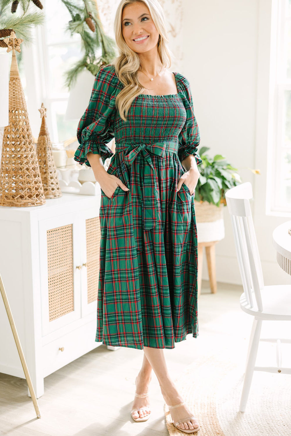 Christmas Plaid Flared Midi Dress