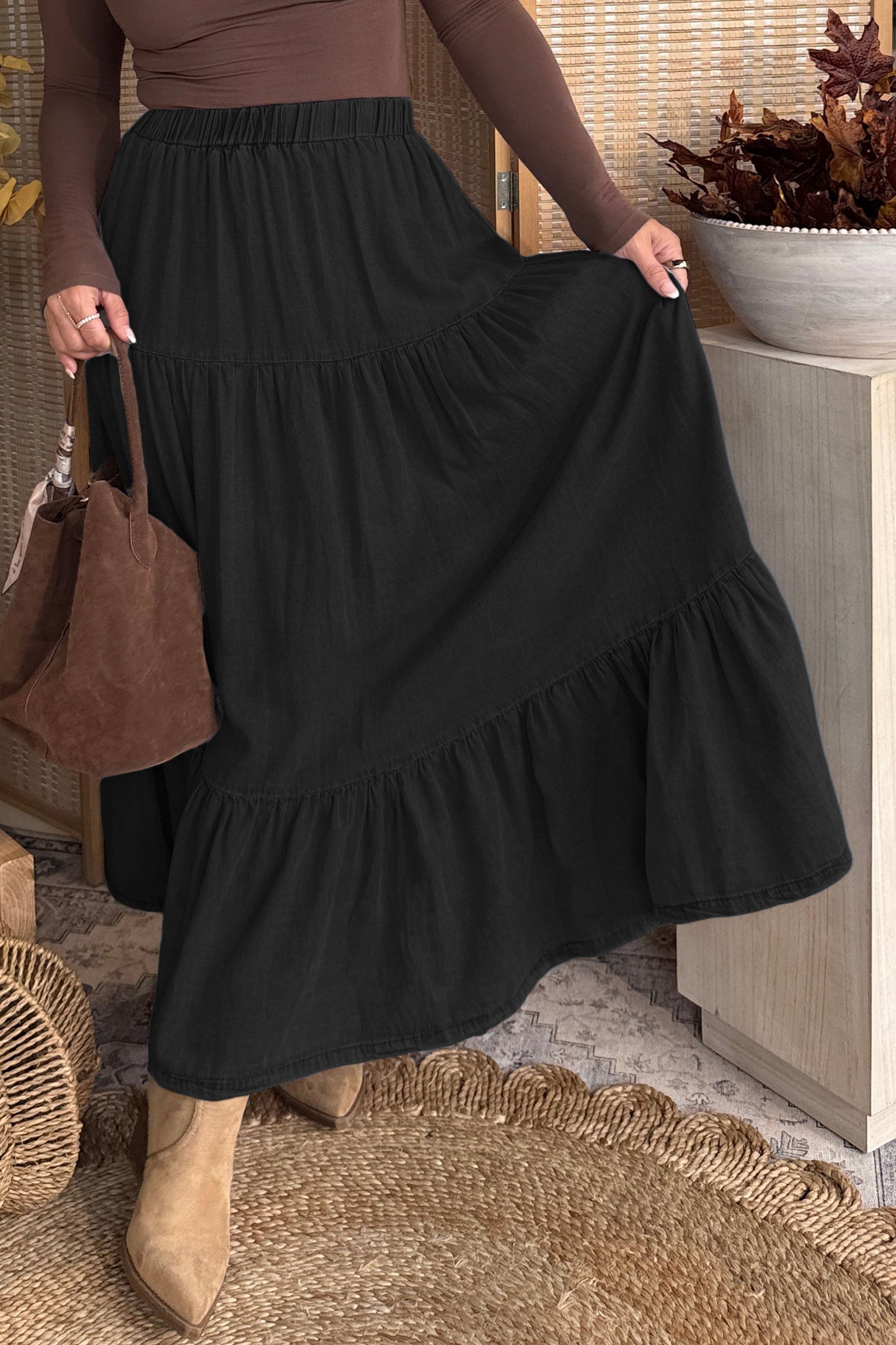 Tiered Flared Denim Maxi Skirt