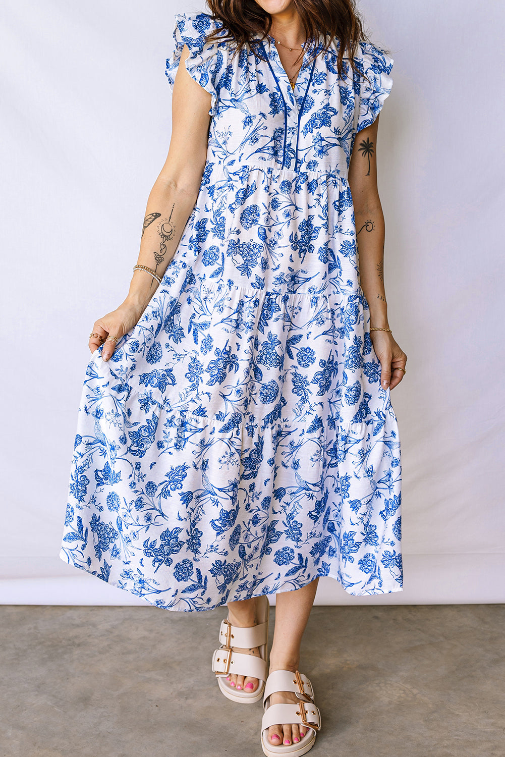 Blue Tiered Floral Midi Dress