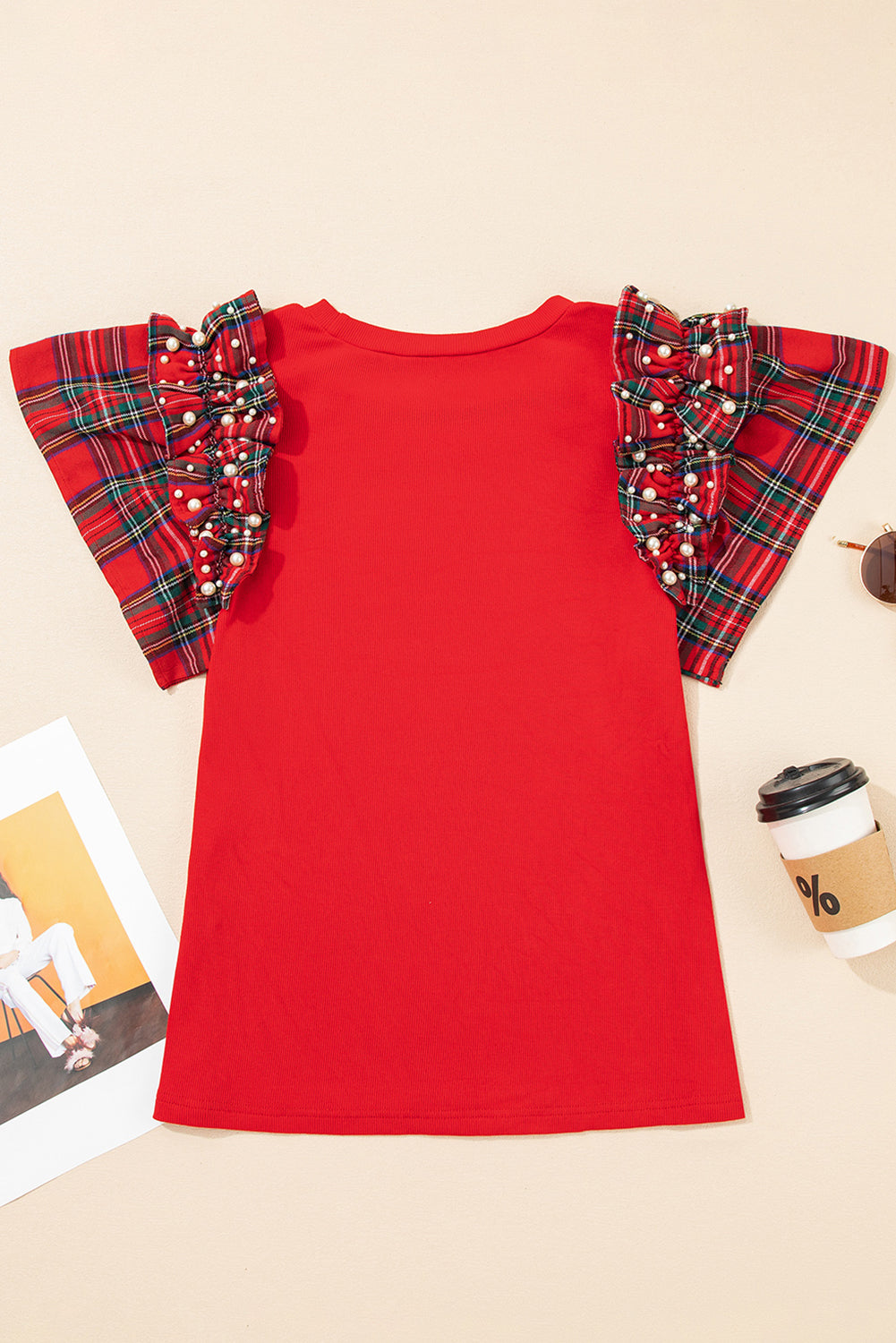MERRY Pearled Plaid Ruffled Sleeve Tee