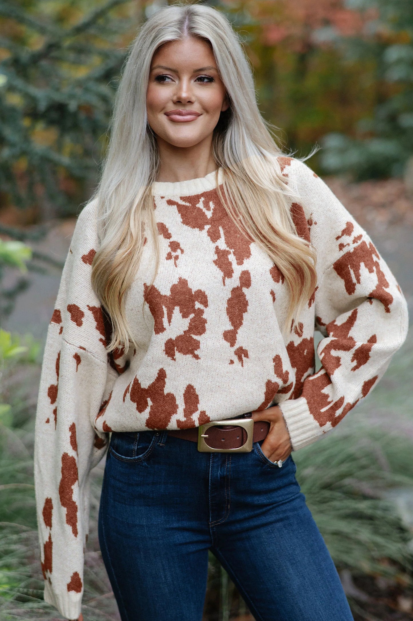 Khaki Cow Print Neck Sweater