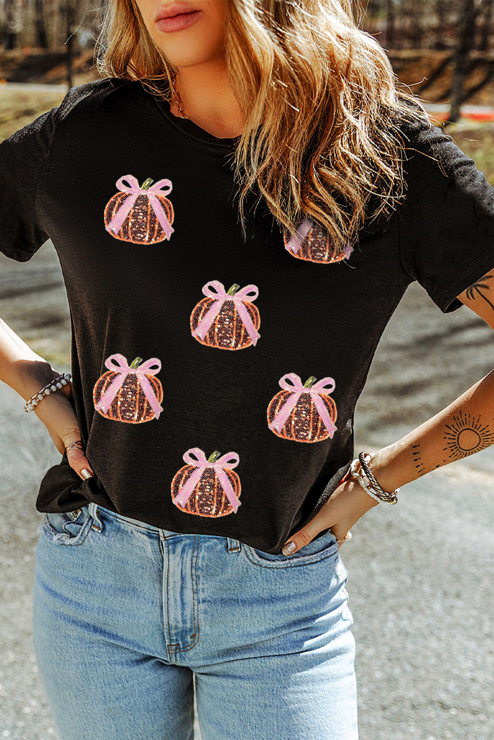 Black Sequin Bow & Pumpkin T Shirt