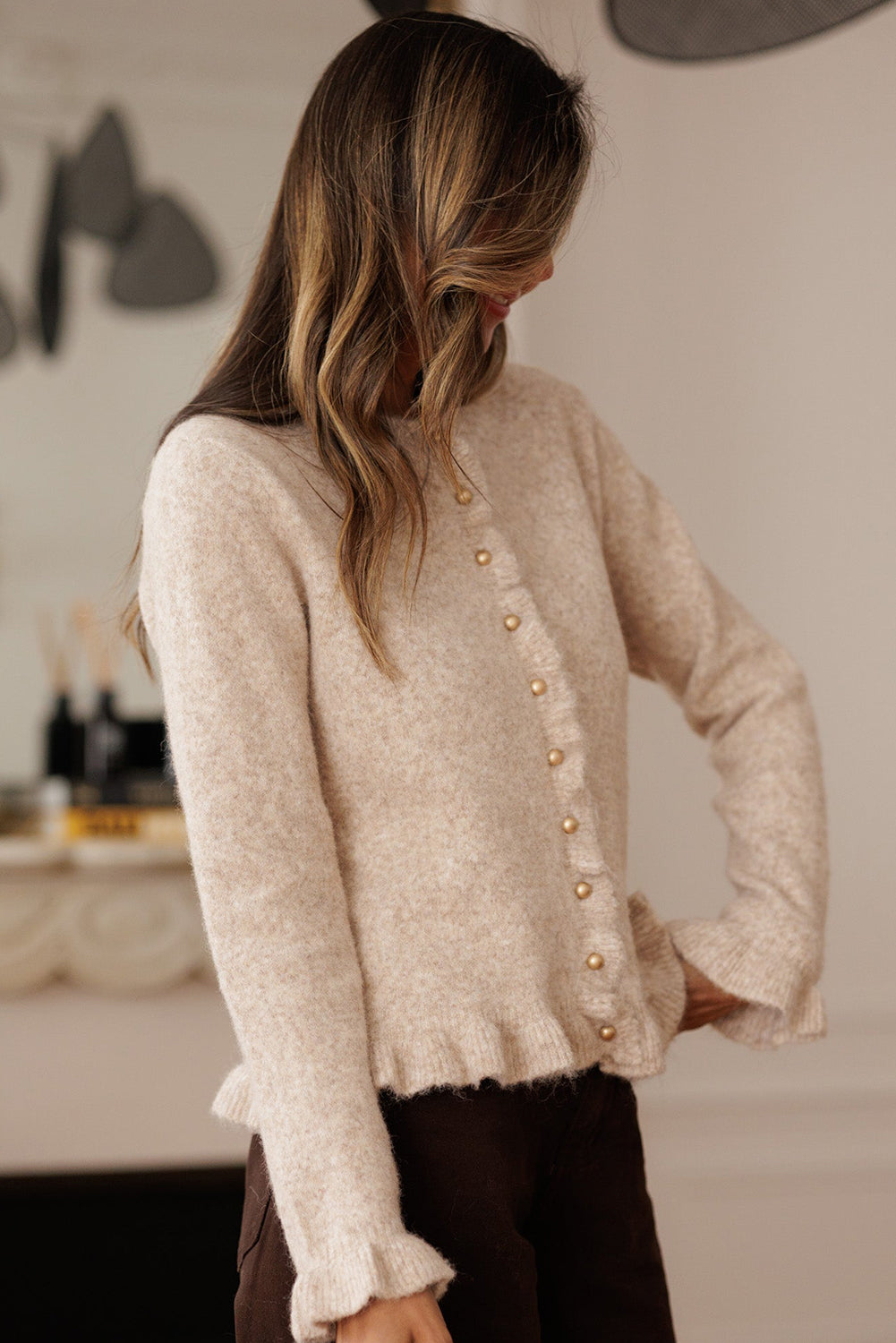 Oatmeal Ruffle Trim Cardigan