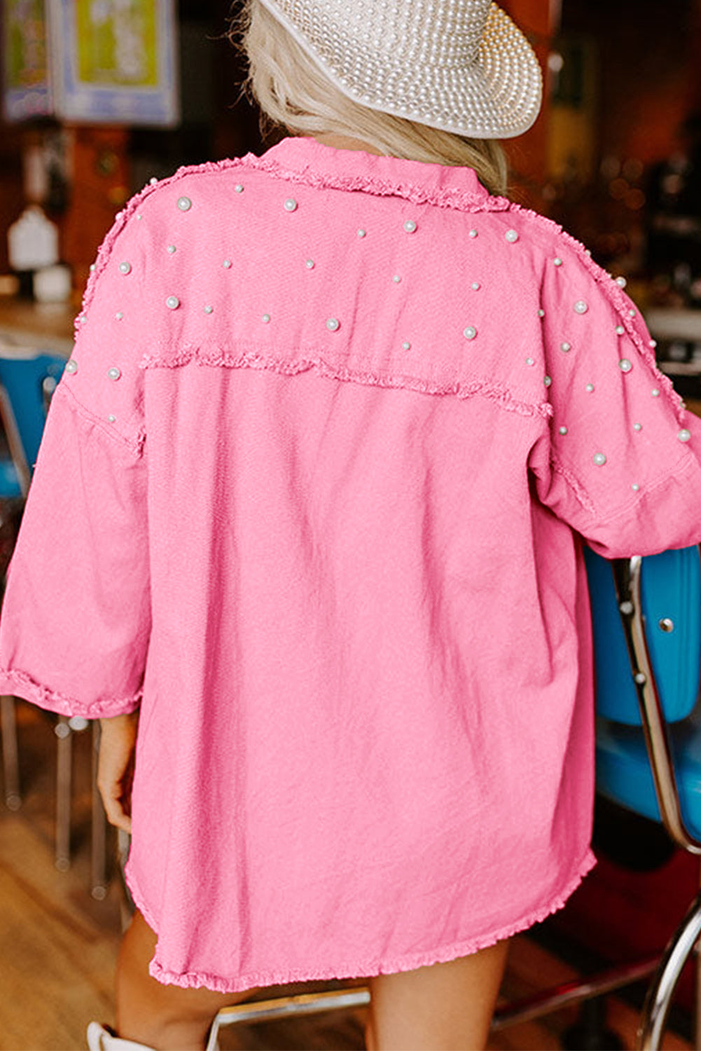 Pearl Trimmed Pink Denim Oversized Shirt