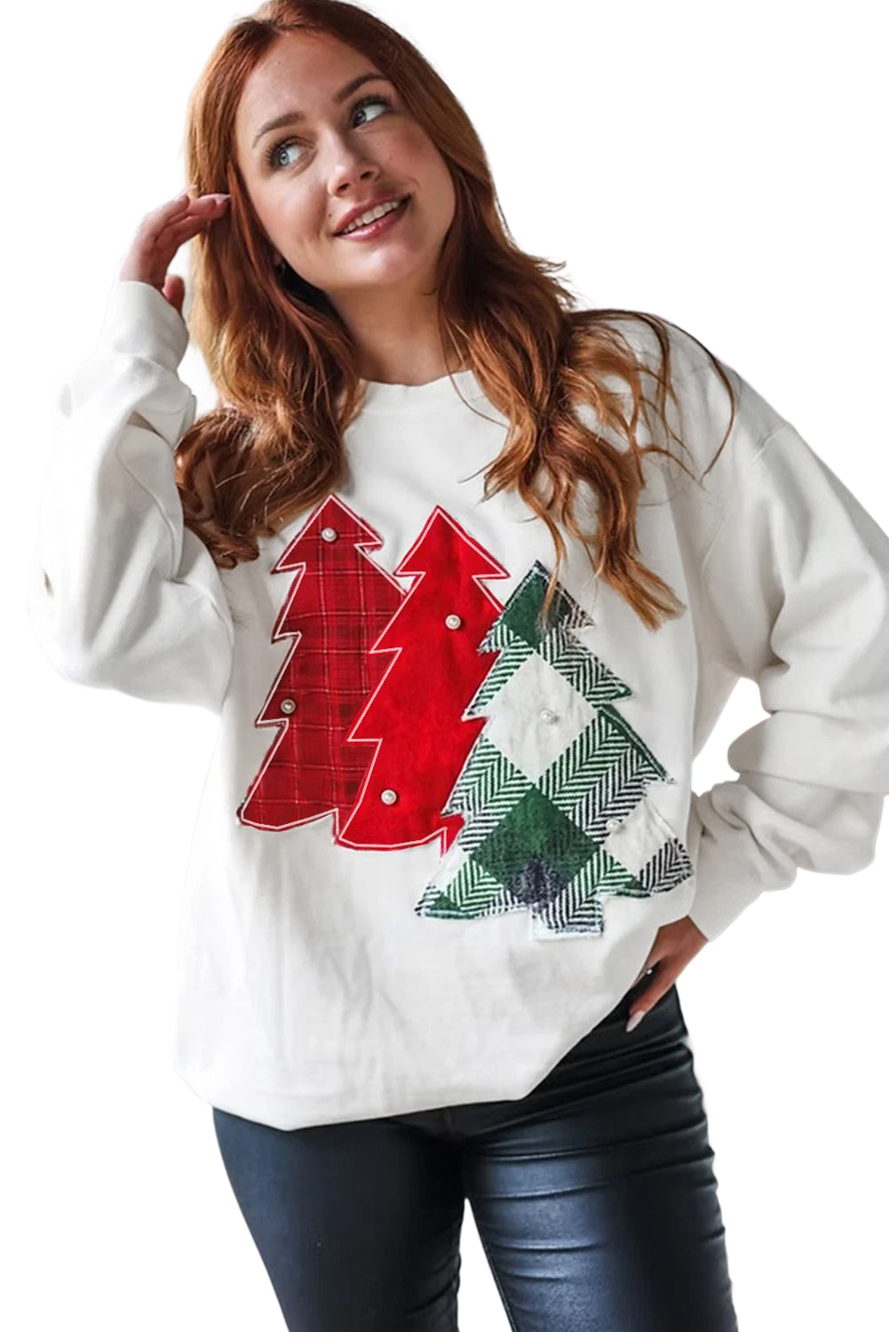 Christmas Tree Sweatshirt with Pearl Accents