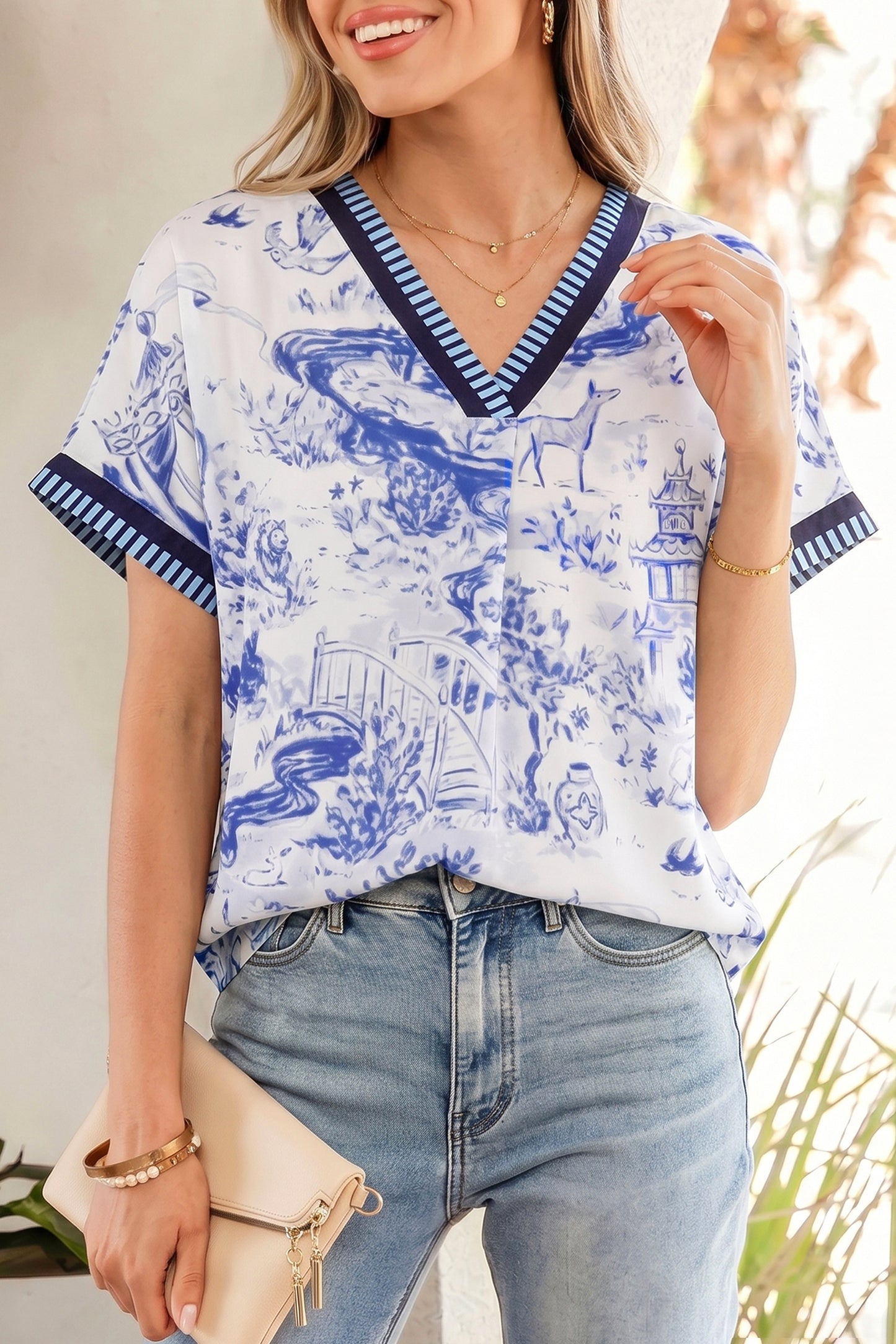 Blue Toile V-Neck Blouse