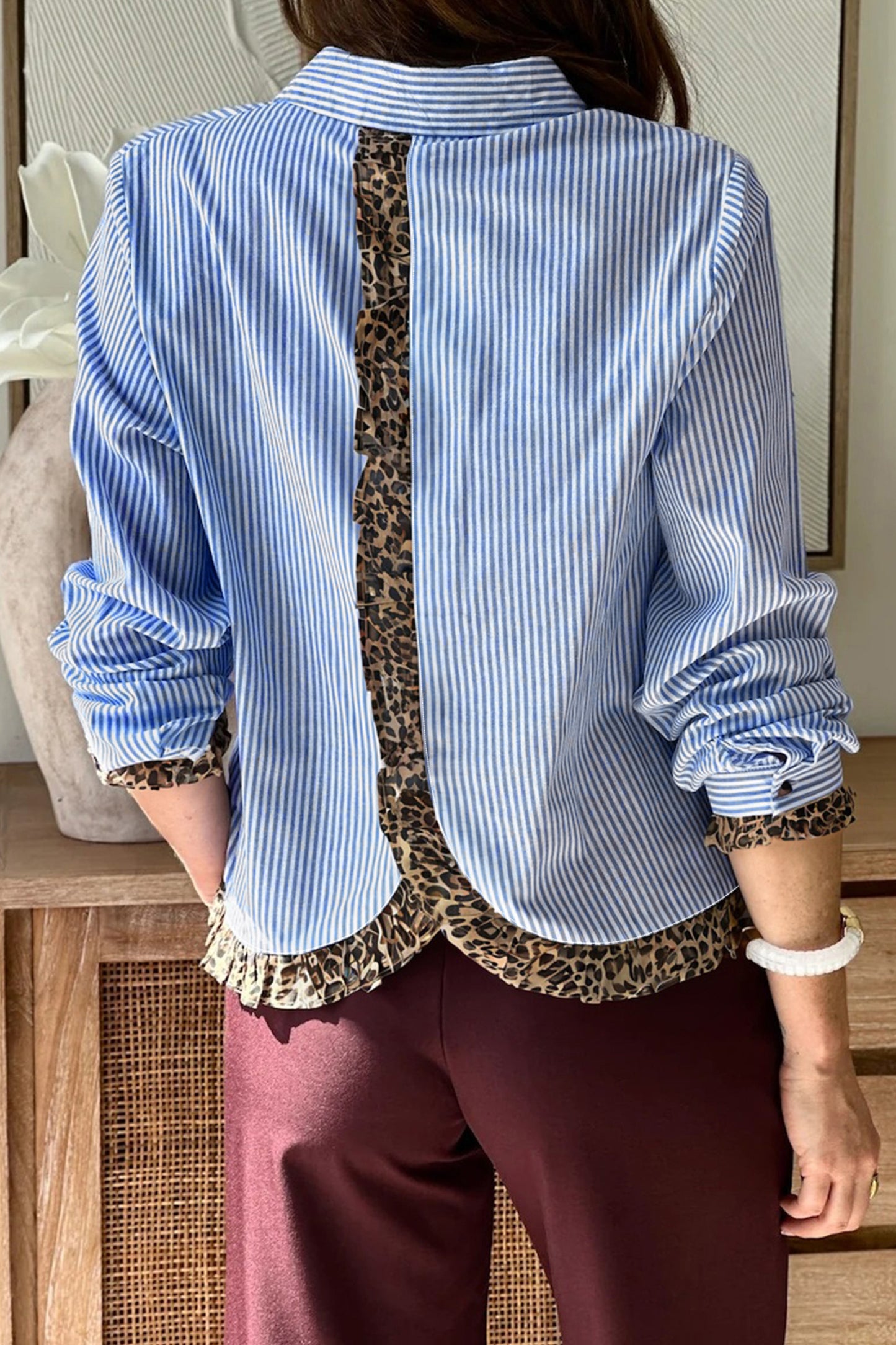 Blue Stripe Leopard Trim Shirt