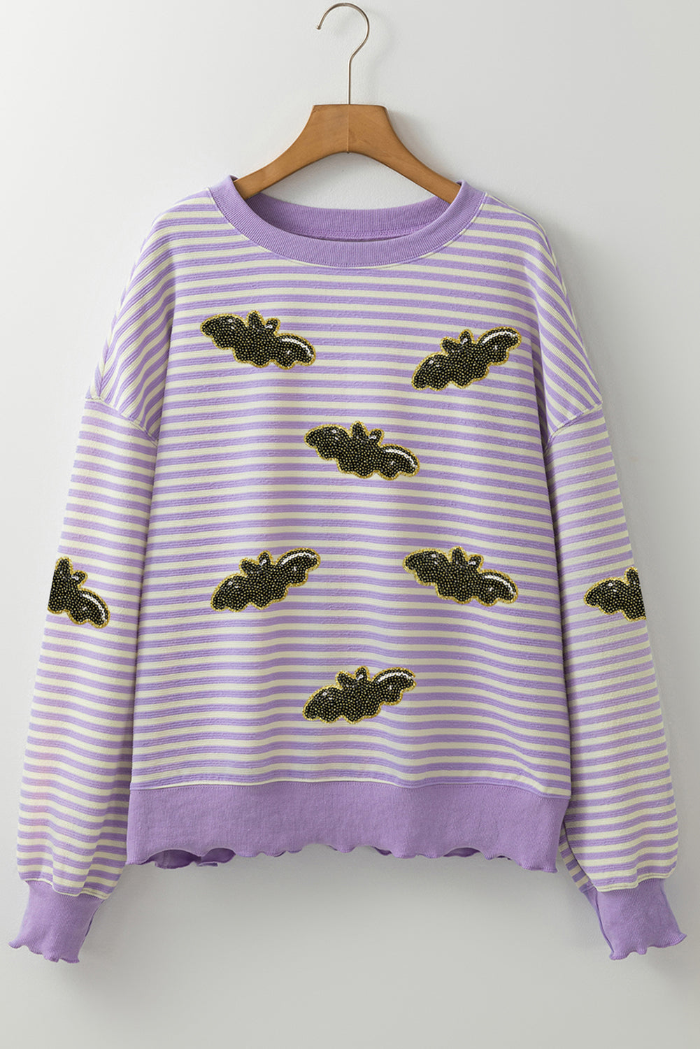 Purple Stripe Sequin Bat Halloween Sweatshirt