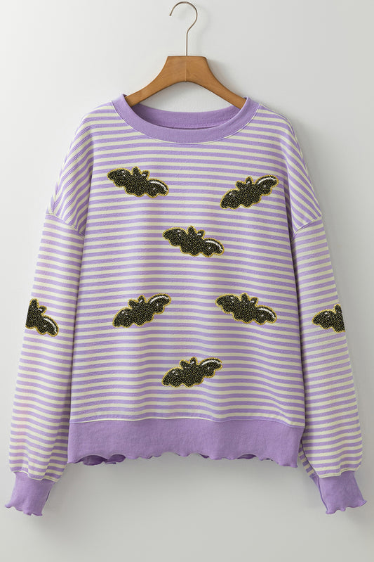 Purple Stripe Sequin Bat Halloween Sweatshirt