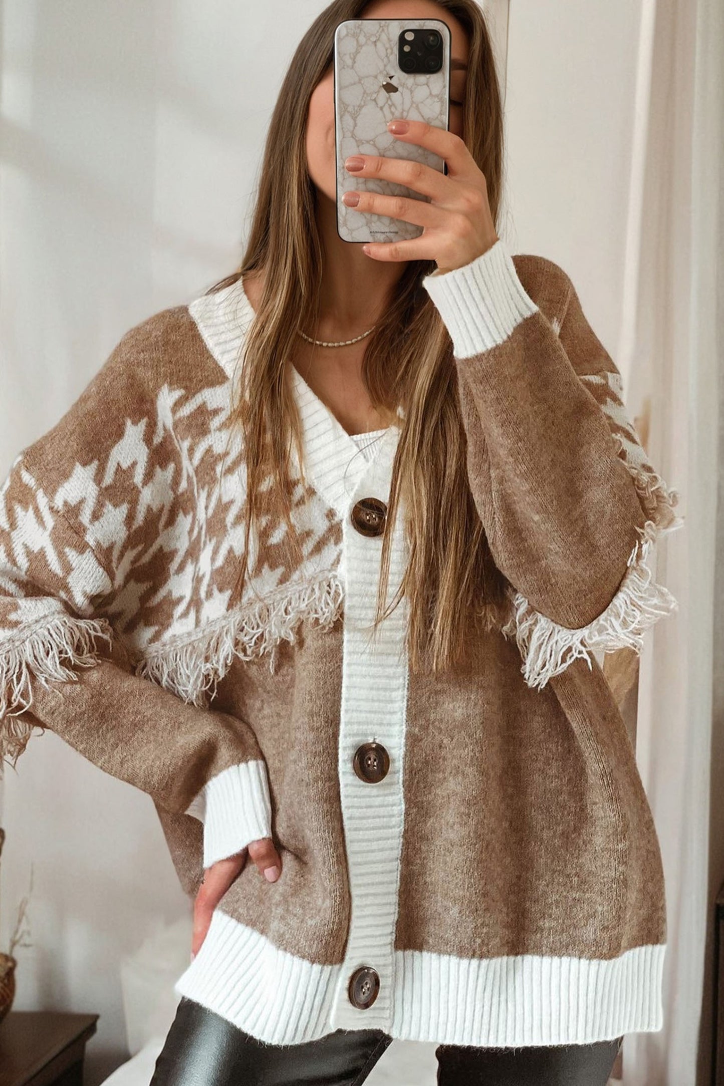 Khaki Houndstooth Cardigan