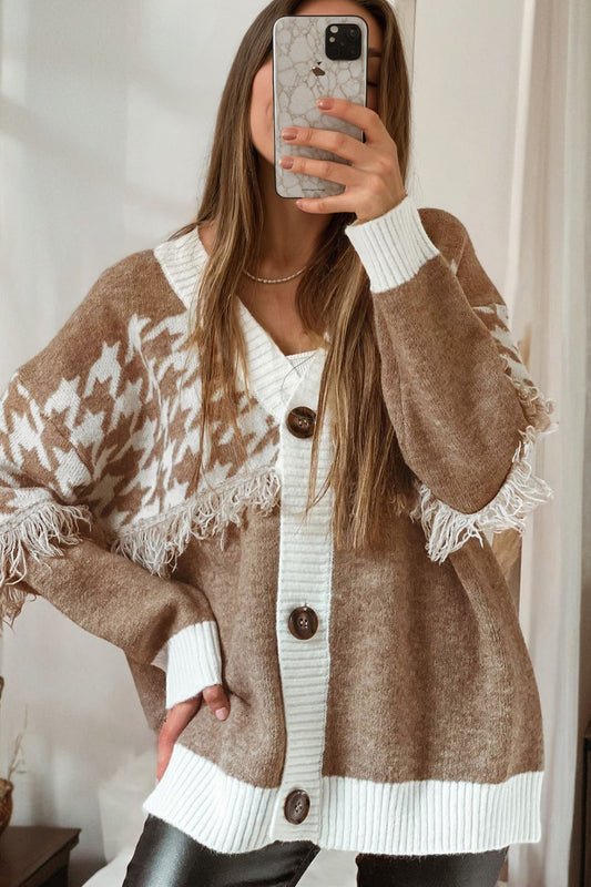 Khaki Houndstooth Cardigan