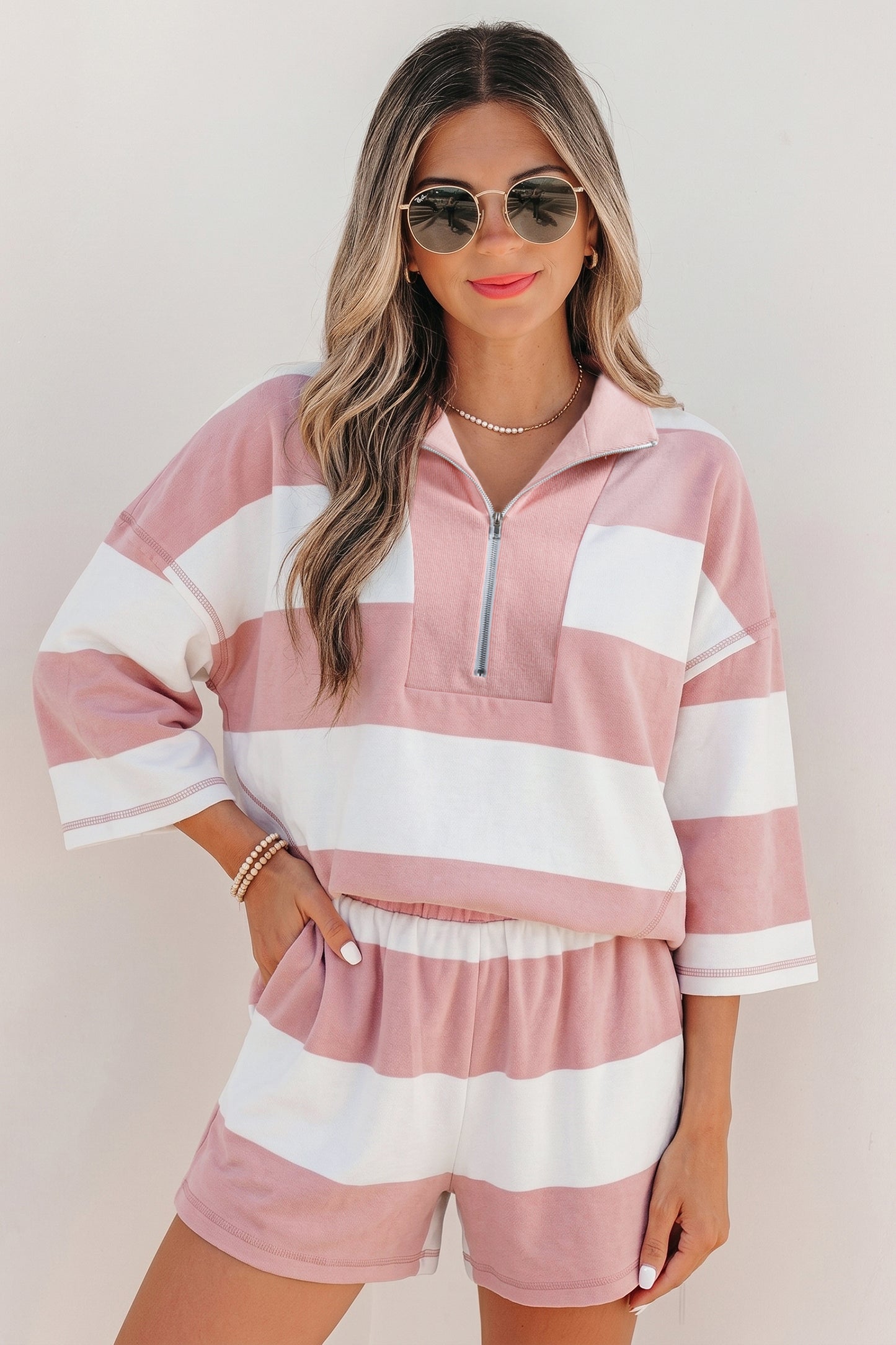 Pink Stripe Striped Shorts Set