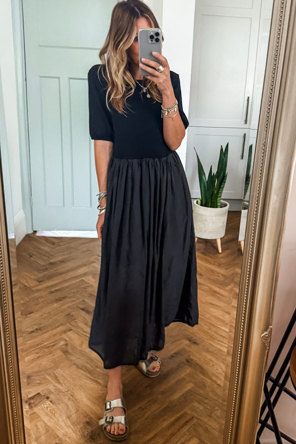 Mixed Material Midi Dress